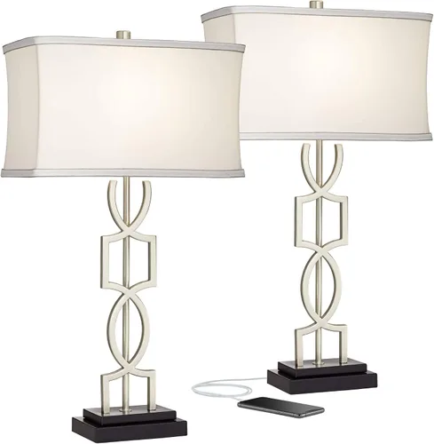 Miniatura 2 de 360 Lighting Evan - Juego de 2 lámparas de mesa modernas de 28 1/2 pulgadas de alto con puerto de carga USB, níquel cepillado, plateado, blanco