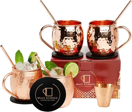 Advanced Mixology [Juego de Regalo] Juego de 4 jarras Mule Science Moscow Mule (19 oz. tamaño grande) | 100% hechas a mano | Seguras para alimentos