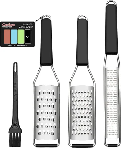 Cambom Lemon Zester Rallador de tres piezas, herramienta de cocina resistente para queso parmesano, jengibre, ajo, nuez moscada, chocolate, Negro