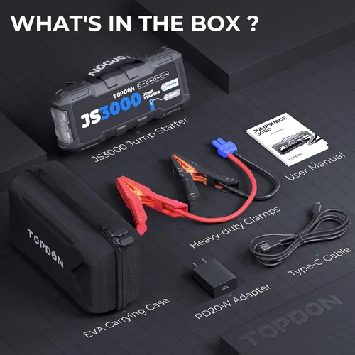 Miniatura 8 de TOPDON Cargador de batería de coche, arrancador de batería de pico de 2000 A para motores diesel de hasta 8 L/6 L, paquete de arranque de batería