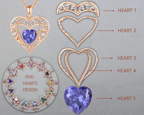 Miniatura 106 de Collar de cristal de 5 corazones, chapado en oro rosa de 18 quilates, colgante con cadena de plata de ley 925 de 18 + 2 pulgadas, joyería de piedra