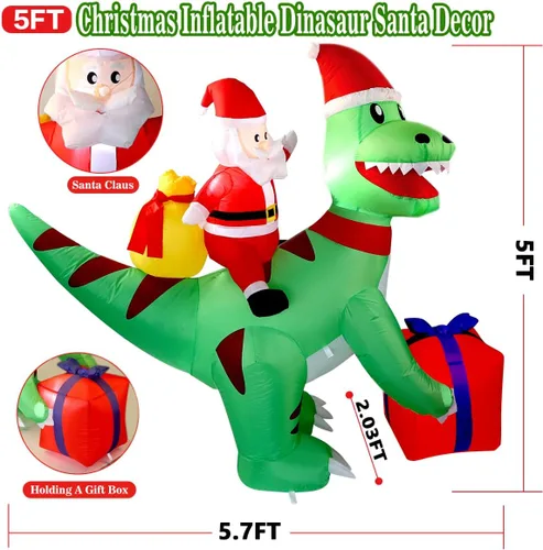 Miniatura 2 de Dinosaurio inflable de Navidad de 5 pies con Papá Noel, luces LED, decoración de patio para interiores y exteriores, T-Rex verde con caja de regalo