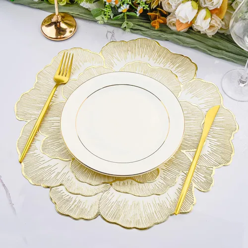 Miniatura 6 de Juego de 6 manteles individuales redondos florales de vinilo dorado, alfombrillas de mesa resistentes al calor y antideslizantes para decoración