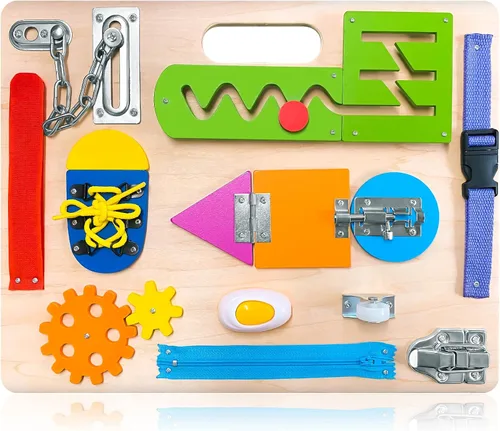 Tablero Ocupado Montessori para Niños Pequeños, Juguetes Sensoriales de Madera, Actividades de Aprendizaje Preescolar para Habilidades Motoras Finas