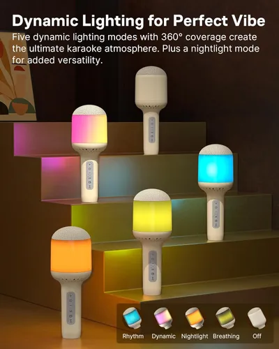 Miniatura 6 de Micrófono de karaoke inalámbrico Bluetooth con luces dinámicas, micrófono de mano portátil, 6 efectos de sonido, batería de 10 horas, perfecto