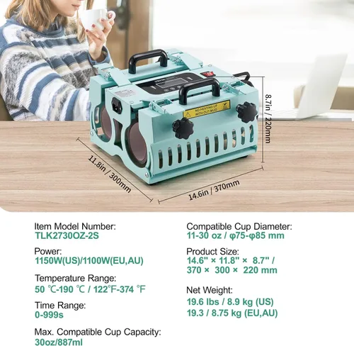 Miniatura 7 de Máquina de Prensa Térmica para Vasos VEVOR, Calentadores de 2 Estaciones, Prensa para Tazas de 11-30 oz, Calentamiento Rápido y Uniforme, Prensa