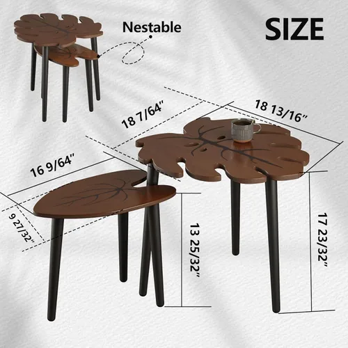 Miniatura 2 de BAMEOS Juego de 2 mesas de anidación con hojas de Monstera, juego de pequeñas mesas de café con patrón de venas de hojas, mesas laterales modernas