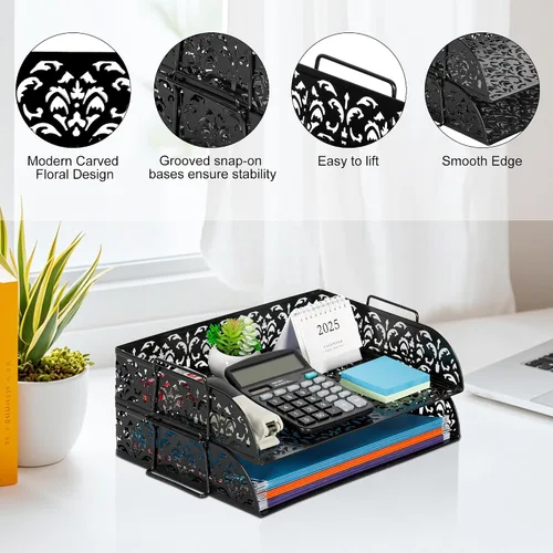Miniatura 2 de EasyPAG, charola para escritorio de 2 niveles para cartas, diseño calado de flores, Negro