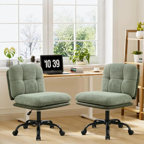 Miniatura 2 de SOFTHION Juego de 2 sillas de escritorio de oficina sin brazos con ruedas, asiento ancho, giratorio, de altura ajustable, cómoda silla cruzada