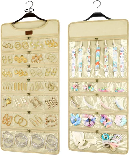 Miniatura 8 de SMRITI Organizador de joyas colgante con bolsillos dobles con cremallera, lona de doble cara giratoria para colgar collares, organizador de pared
