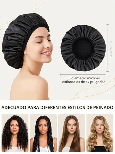 Miniatura 2 de Aquior Gorro de ducha con forro de rizo para mujer, reutilizable, triple capa impermeable, extra grande para mujeres de pelo largo (negro)