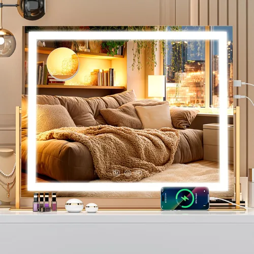 Espejo de tocador con luces, espejo de maquillaje iluminado de 24 x 20 pulgadas, pantalla táctil con iluminación de 3 colores, regulable para