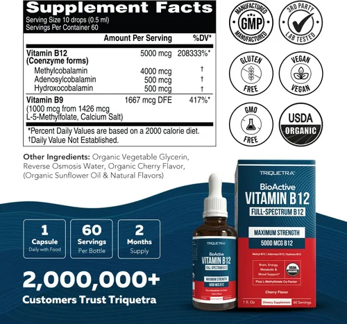 Miniatura 8 de Vitamina BioActiva B12 5000 mcg Contiene 3 Formas BioActivas de B12 Plus Cofactor Metilfolato - Metil B12, Adenosil B12 y Hidroxi B12
