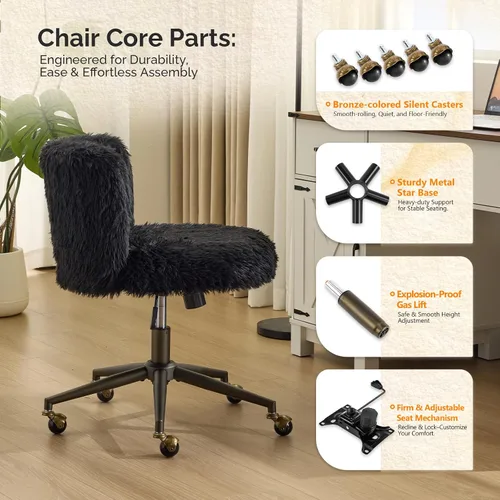 Miniatura 5 de VINGLI - Silla de escritorio de tapicería de lujo con respaldo curvo y inclinación de 90-102° y altura ajustable, linda silla giratoria con base