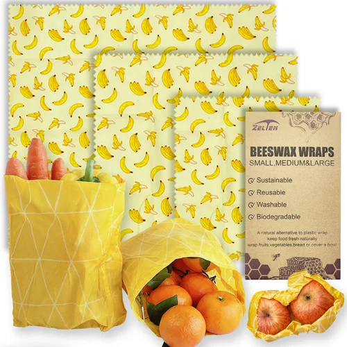 Miniatura 20 de Zelten Envolturas reutilizables de cera de abejas (3 paquetes, 3 tamaños S, M, L) sin plástico y silicona, envoltura ecológica, papel de cera