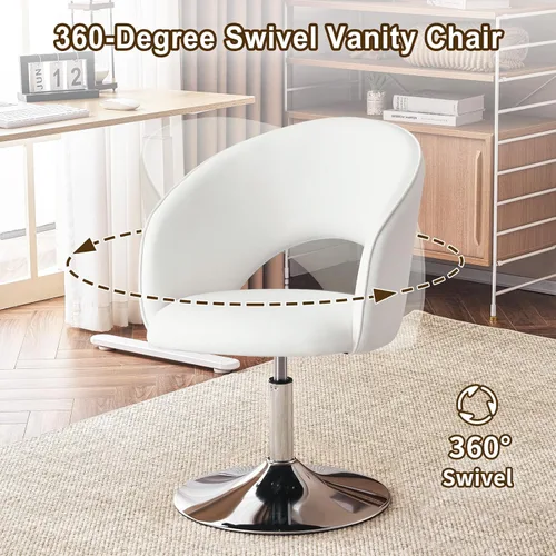 Miniatura 7 de Furnimart Silla de Tocador de Cuero Blanco, Taburete de Tocador con Altura Ajustable, Silla Giratoria con Respaldo, Silla Redonda de Maquillaje