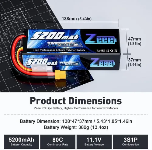 Miniatura 2 de Zeee 3S 5200mAh Lipo Battery 11.1V 80C Estuche rígido con conector XT60 para RC coche, camión, barco, avión, cuadricóptero, helicóptero, carreras