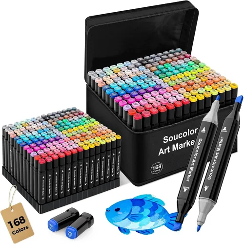 Soucolor - Marcadores de alcohol de 168 colores con estuche y soportes, marcadores de doble punta cincel y fino para colorear para adultos, dibujo