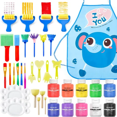 Shuttle Art Juego de pintura de dedos lavable, 37 piezas con 10 colores (2 fl oz), pintura no tóxica para niños pequeños, pinceles de pintura,