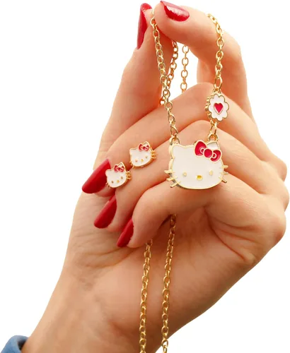 Miniatura 4 de Hello Kitty Juego de joyas para niñas, 18 pulgadas + 3 pulgadas, collar y aretes para niñas, regalos, Sin gemas.