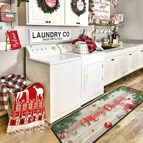 Miniatura 3 de 2 tapetes de cocina de Navidad para piso, tapete antideslizante para decoración de cocina, juego de alfombras de cocina antifatiga con corredor