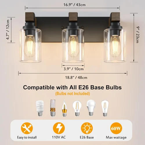 Miniatura 4 de Accesorios de iluminación de baño de granja, luces de tocador rústicas de 3 luces en madera para baño, iluminación de apliques de pared vintage