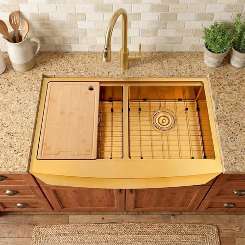 Miniatura 7 de Fregadero dorado de 33 x 20 pulgadas, fregadero de cocina dorado con doble tazón, fregadero de estación de trabajo de granja frontal de 33 pulgadas