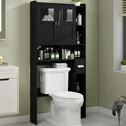 Miniatura 15 de Vabches Armario de almacenamiento sobre el inodoro con puertas dobles, soporte para papel higiénico y estante ajustable, ahorro de espacio Gris