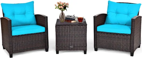 Miniatura 18 de Tangkula Juego de muebles de patio de 3 piezas, mimbre de ratán PE, juego de sofá de 3 piezas para exteriores con cojín lavable y superficie de mesa