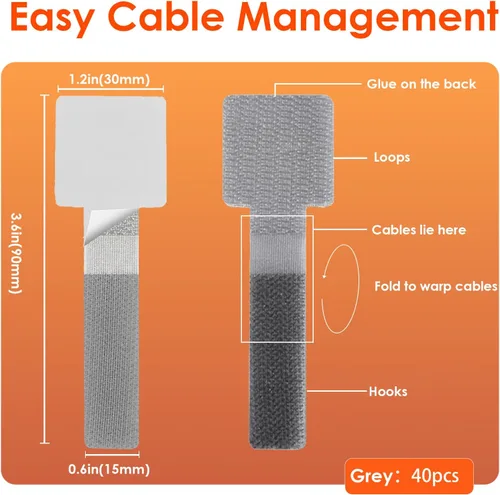 Miniatura 5 de Organizador de cables debajo del escritorio, organizadores de cables para cables, bridas de cable de gancho y bucle, correas de alambre adhesivas