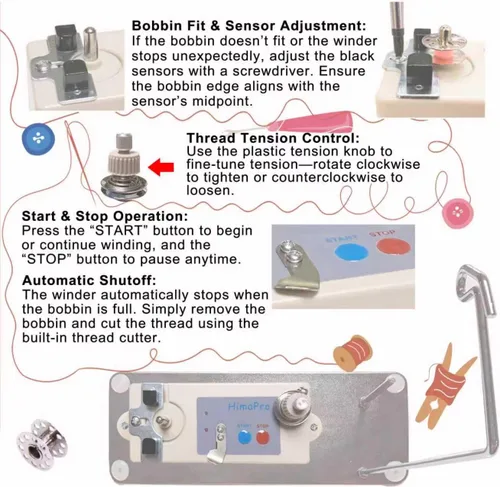 Miniatura 4 de HimaPro Bobinadora Automática para Máquina de Coser Bobinadora Eléctrica - Bobinadora Eléctrica - Ranura Ajustable para Bobina - Experiencia