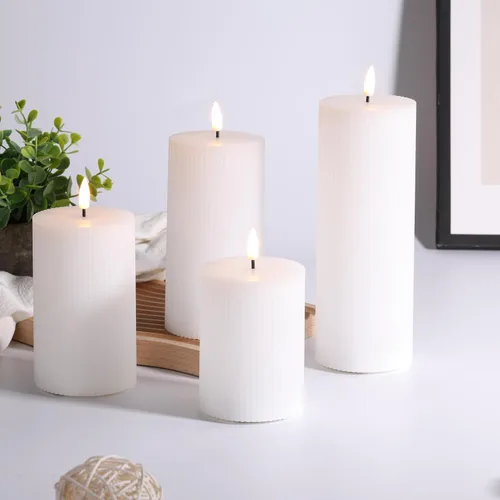 Miniatura 6 de Velas de pilar sin llama acanaladas blancas con control remoto, juego de 4 velas LED parpadeantes con parte superior plana, 3 pulgadas de alto, 4