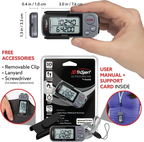 Miniatura 4 de Realalt 3DTriSport 3D Walking Pedometer with Clip & Strap, Accurate Step Counter with 30-Day Memory, Distance in Miles/KM with Large Display Perfect