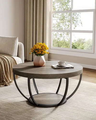Miniatura 2 de LITTLE TREE Mesa de Centro Redonda, Mesa de Centro Circular de 32" para Sala de Estar, Mesa Central de Acento de Madera de 2 Niveles con Gris y negro