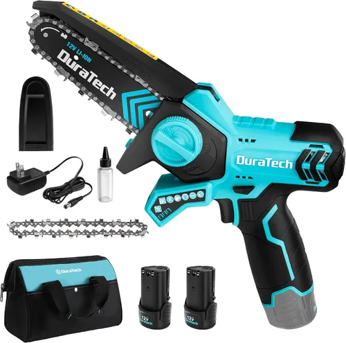 DURATECH Mini motosierra de 12 V, motosierra eléctrica inalámbrica de 6 pulgadas con 2 baterías y 2 cadenas, sierra de madera portátil operada con