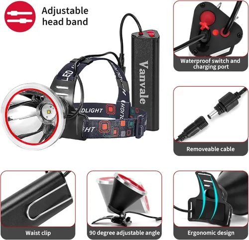Miniatura 2 de Linterna frontal LED recargable de alta potencia, IPX4 impermeable con cargador, lámpara de caza de larga duración para correr, pesca, campamento