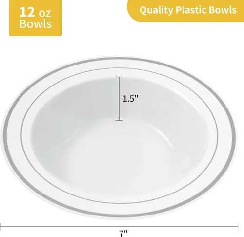 Miniatura 4 de Goodluck Paquete de 50 cuencos de plástico con borde plateado, cuencos de sopa desechables de 12 onzas para bodas, fiestas, cenas, catering y uso