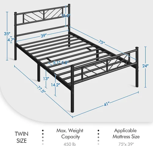 Miniatura 2 de Yaheetech Estructura de Cama Plataforma de Tamaño Individual con Cabecera de Diseño de Flecha, Base de Colchón de Metal de 13 Pulgadas