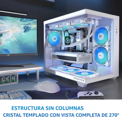 Miniatura 4 de MUSETEX Caja de PC ATX, 6 Ventiladores ARGB PWM Pre-Instalados, Soporte para RAD de 360MM, Caja de PC para Juegos con Type-C, Vista Completa de 270°