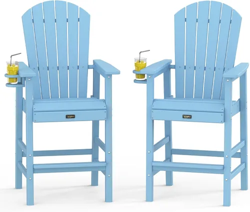 Miniatura 10 de VINGLI Silla Adirondack alta, silla Adirondack de plástico para todo tipo de clima con portavasos, taburetes de bar resistentes para exteriores, Azul