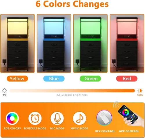 Miniatura 5 de Furnulem Mesita de noche alta con estación de carga, mesitas de noche con luces LED y estantes de almacenamiento, mesa auxiliar de cama para Roble