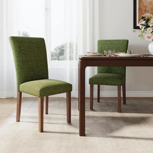 Miniatura 13 de Juego de 2 sillas de comedor de granja, respaldo alto con patas de madera y ribete de cabeza de clavo, silla de comedor de tela moderna