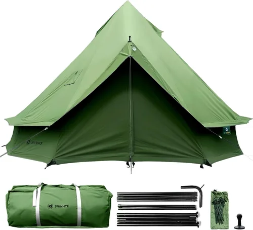 Miniatura 15 de Tienda de campaña Bell Yurt con gato de estufa, tienda de campaña de lujo impermeable para 4 estaciones, tela Oxford 420D, tiendas de campaña verde