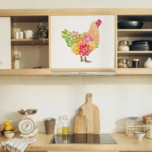 Miniatura 6 de FINGERINSPIRE Plantilla de dibujo de gallo de pollo con flores y hierba, plantilla de pintura de plástico PET de 11.8 x 11.8 pulgadas