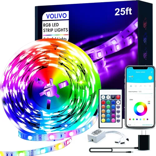 VOLIVO - Tira de luces led RGB, de 25 pies, controlada mediante aplicación, Bluetooth, cambia color y sincroniza música, para dormitorio, decoración