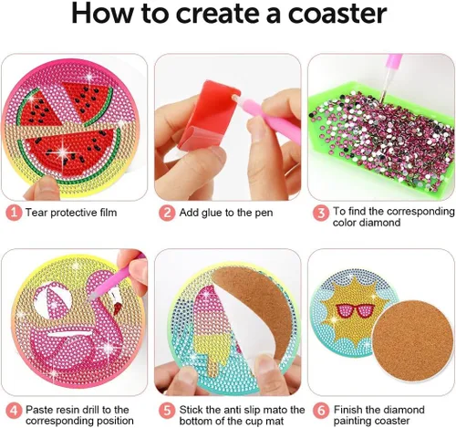 Miniatura 3 de Leatrice Juego de 8 posavasos de diamantes para playa, pequeños kits de pintura de diamantes para adultos, puntos de diamantes redondos