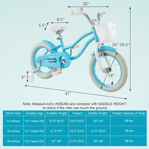 Miniatura 6 de BABY JOY Bicicleta para niños, 12, 14, 16, 18, 20 pulgadas, con asiento ajustable, cesta extraíble, freno de mano y freno de posavasos, ruedas