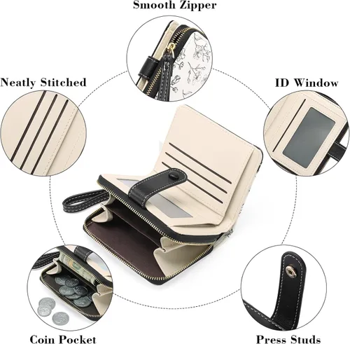 Miniatura 5 de GAEKEAO Cartera para mujer delgada y fina con bloqueo RFID, de cuero con flores, tarjetero plegable, cartera larga para damas con bolsillo