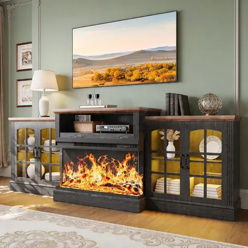 Miniatura 10 de oneinmil - Soporte de TV con chimenea de 59 pulgadas y vidrio en 3 lados para aparatos de hasta 65 pulgadas, centro de entretenimiento moderno