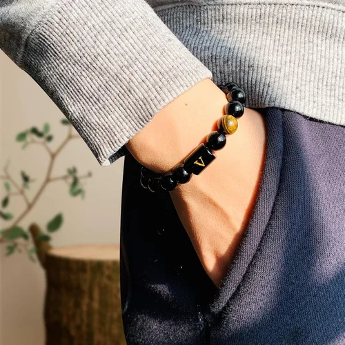 Miniatura 110 de SUMMER LOVE Regalos para el Día del Padre, pulsera con inicial de piedra de ónix negro de 0.394 pulgadas para hombres, pulsera de cuerda trenzada
